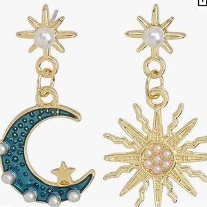 Gold Moon And Star Blue Mismatched Drop Earrings